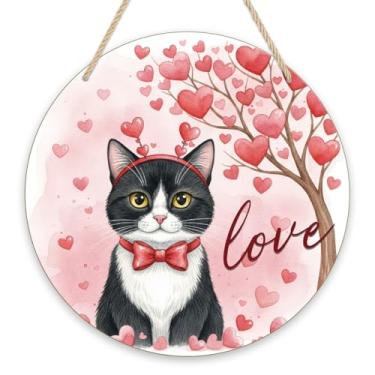 Imagem de Placa de porta da frente do dia dos namorados, gato smoking vermelho amor coração redondo madeira sinalização gancho de porta, aniversário casamento quintal varanda parede decoração de casa para festa