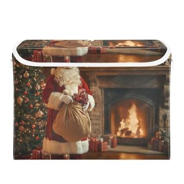 Imagem de SEHANY Linda caixa de armazenamento de Papai Noel de Natal com tampas e alças, organizador de cestas de armazenamento de tecido dobrável, caixas de armazenamento de cubos grandes para roupas, cobertor