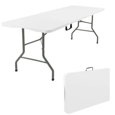 Imagem de Fivenl Mesa dobrável portátil de 1,8 m, branca, pernas de aço, dobrável ao meio com alça de transporte, mesa dobrável de plástico retangular para festas, casamentos, acampamento, piquenique, jantar