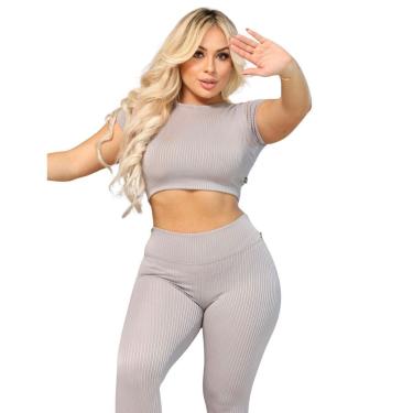 Imagem de Conjunto Legging e Cropd Vih Triny Manguinha Canelado Poliéster Moda Fitness Academia Cinza-Feminino