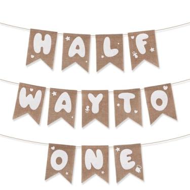 Imagem de Banner "Half Way to One" para Bebê, Decoração Pré-Montada para Aniversário 6 Meses Estilo Boho Neutro com Painel Fotos Meninos e Meninas Festa Meio Aniversário