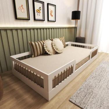 Imagem de Cama Infantil Montessoriana Solteiro com Grades em Pinus Lume Branco -