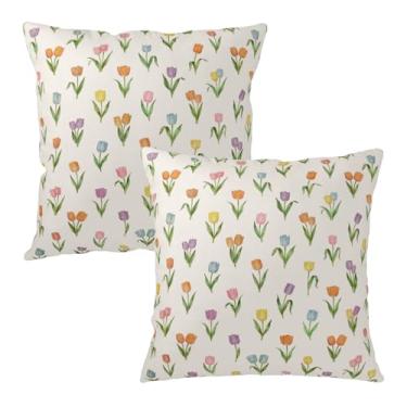 Imagem de Wnoesat Capas de almofada de tulipa para ambientes externos de primavera, 45,7 x 45,7 cm, conjunto de 2 fronhas florais vintage em aquarela para decoração de almofada rústica para sofá de casa