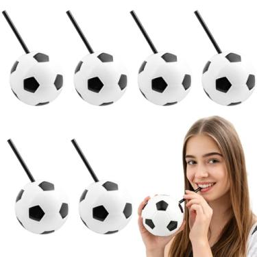 Imagem de Simple polymer 6 peças de copos de bola de futebol com canudos e tampas, copo de plástico de 425 g para suprimentos de lembrancinhas de festa com tema esportivo (futebol)