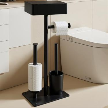 Imagem de Suporte de papel higiênico independente com prateleira para 7 rolos, suporte de rolo de papel higiênico preto com gaveta de armazenamento de lenços, suporte de papel higiênico de metal à prova de
