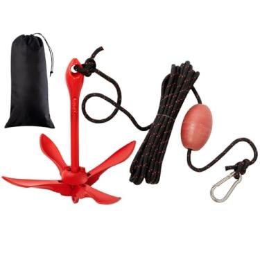 Imagem de MorningRo 1 kit de âncora de caiaque marítimo kit de âncora dobrável de 1,5 kg, âncora de barco, acessórios de pesca para barcos pequenos, caiaques, canoa, paddle boards (vermelho)