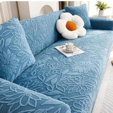 Imagem de Capa de sofá 1, 2, 3, 4 e 5 lugares, protetor móveis veludo grosso luxo, capa cor sólida, elástica para cadeira reclinável(Blue,3-seat 190-230cm)