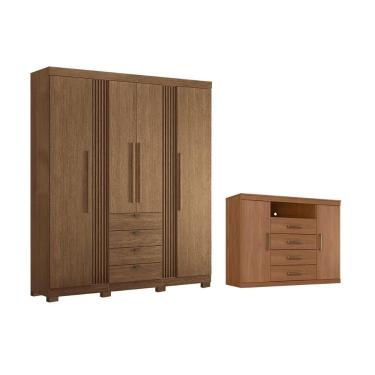 Imagem de Guarda Roupa e Cômoda Casal Qc287 4 Portas de Bater 4 Gavetas Mdp com Cabideiro Corredi...