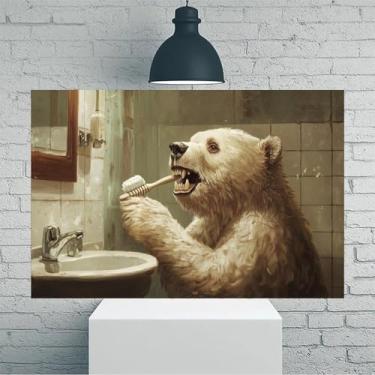 Imagem de Arte de parede em tela rústica vintage urso polar escovando dentes - Pôster sem moldura de 30,5 x 45,7 cm - Ideia de presente para decoração de casa e escritório para sala de estar, quarto, cozinha e