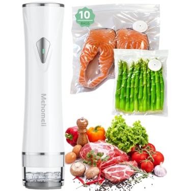 Imagem de Mehomeli Seladora a vácuo compacta para alimentos (máquina seladora a vácuo + 10 sacos de vácuo reutilizáveis), máquina seladora a vácuo portátil potente, sela alimentos por 6 vezes mais tempo