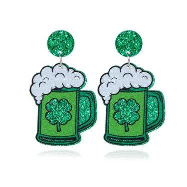 Imagem de Brincos para Dia de São Patrício Acrílico Trevo Cerveja Ferradura Ferro Brincos de Trevo Verde Divertidos para Mulheres Meninas Presente de Dia de São Patrício, Acrílico, Sem pedra preciosa