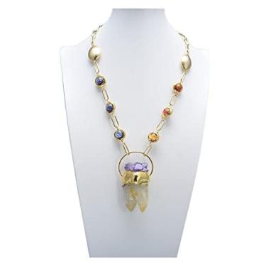Imagem de DWBPGVUN Colar de corrente oval de vidro musgo roxo laranja ametista ponta citrina pingente cru