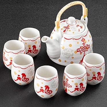 Imagem de Conjunto de chá de cerâmica, bules de porcelana de design moderno com alça e infusor com 6 xícaras de chá para decoração de cozinha (serve 6) (Cor: Honggui), prático (Dasini)
