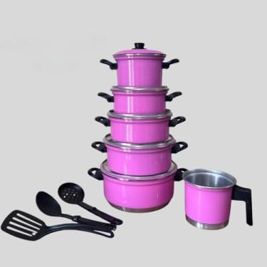 Imagem de Jogo de Panelas com Leiteira + Jogo de Talheres Resistente - 5 Peças Completas, Prático para Cozinhas Domésticas e Preparos Diários (Rosa bebe)