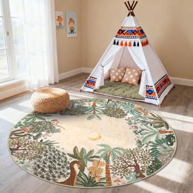 Imagem de GarveeHome Tapetes redondos de 1,2 m para quarto de crianças, tapete circular lavável na selva bege, macio, antiderrapante, estampa animal, tapete de tigre, tapete de barraca fina para quarto, sala de