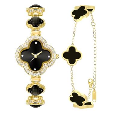 Imagem de SUBANG Conjunto de 2 pulseiras femininas de ouro com trevo da sorte, conjunto de joias, relógio de pulso banhado a ouro 18 K, design de flores, pulseiras de quatro folhas para mulheres, Trevo preto