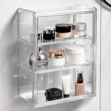 Imagem de EAROND Vitrine de acrílico transparente de 3 camadas para medicamentos, colecionáveis, figuras, armário montado na parede com porta magnética, caixa de armazenamento empilhável à prova de poeira