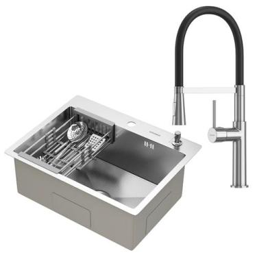 Imagem de Kit Cuba Gourmet Quebec 60cm Aço Inox 304 e Torneira Gourmet Bélgica M