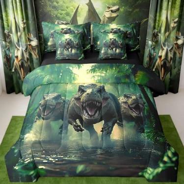 Imagem de Conjunto de cama de dinossauro de desenho animado inclui edredom, conjunto de lençóis, fronhas e fronhas, conjunto completo de 7 peças, estampa de dinossauro, selvagem, conjunto de edredom de