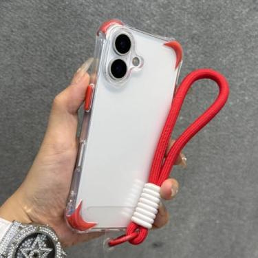 Imagem de Pulseira anti-perda com cordão, capa transparente à prova de choque para iPhone 12, 13, 14, 15, 16 Pro Max Plus, capa protetora de silicone macio, vermelha, para iPhone 12 Pro Max