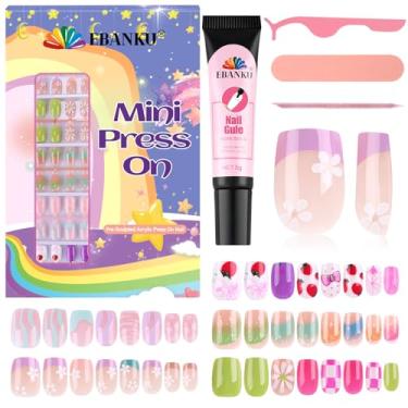 Imagem de EBANKU Conjunto de 130 unidades de unhas de pressão para crianças, pacote com 5 unidades de flores francesas, kit de unhas postiças com conjunto de unhas falsas para meninas, 5 a 10 anos, conjunto de