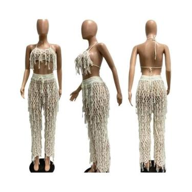 Imagem de Conjunto De Praia Feminino Sexy Em Crochê Com Franjas, Top Cropped Com