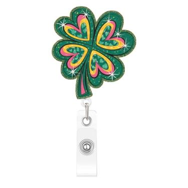 Imagem de Carretel de crachá de Dia de São Patrício com glitter verde trevo de quatro folhas acrílico para crachá de identificação porta-crachá retrátil clipe de jacaré, enfermeiras, médicos, escritório