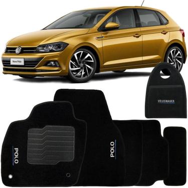 Imagem de Jogo Tapete Automotivo Carpete + Lixeira Volkswagen Polo 2018 à 2019 Soft Logo Bordado Preto 6 Peças