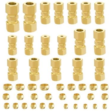 Imagem de Aienxn Kit sortido de encaixe de tubo de compressão de latão 46 peças - 1/20.3 cm, 3/40.6 cm, 1/10.2 cm, 5/40.6 cm, 3/20.3 cm OD Conexões de compressão, virolas de mangas de compressão e conector de