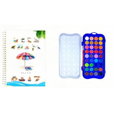 Imagem de Livro de exercícios em aquarela, conjunto de pintura de livros de cores de água de 36 cores, livro de colorir de água, conjunto de tinta para adultos, livro de aquarela, com tinta e caneta (praia-36