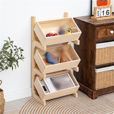 Imagem de Suporte de cesta de madeira de 3 níveis, rack de armazenamento de madeira maciça para cozinha, banheiro, sala de estar - Unidade de prateleira de piso multifuncional para frutas e acessórios