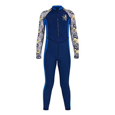 Imagem de JELEUON Roupa de banho com proteção solar FPS 50+ manga comprida, azul, para esportes aquáticos como mergulho e surf, unissex, crianças, meninos e meninas