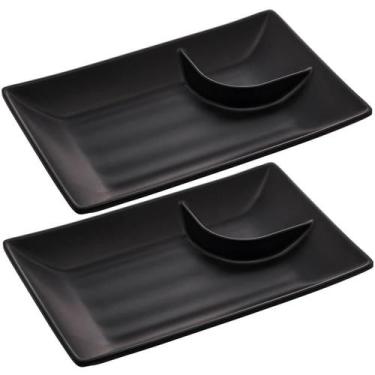 Imagem de Kit 2 Pratos para Sushi com Molheira Melamina Pretos 19x12,5cm Lyor Tó