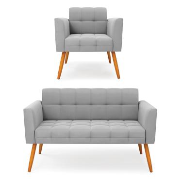 Imagem de Kit 1 Sofá Namoradeira e 1 Poltrona Elisa Suede Cinza Pés Palito Castanho - D'Rossi