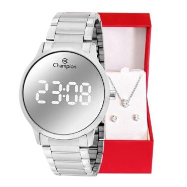 Imagem de Relógio Feminino Champion Digital Espelhado Prata CH40142S Kit Colar e