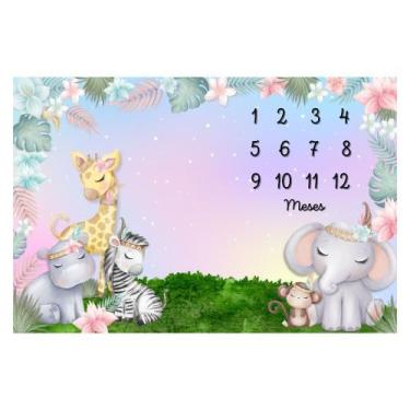 Imagem de Lençol Painel Cenário de Foto Bebê Mêsversário Safari Menina - Minha E