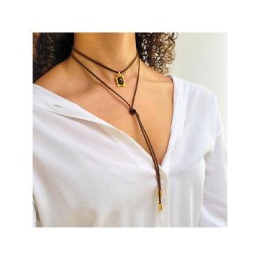 Imagem de Colar de Courinho com Pedra Estilo Boho e Metais Banhados a Ouro 18k -