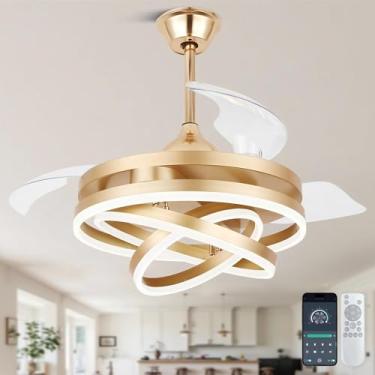 Imagem de Cusp Barn Lustre retrátil dourado de 106,7 cm, ventilador de teto com controle remoto de luzes - Motor DC silencioso moderno 6 velocidades, ventilador de lustre de LED para quarto, sala de estar
