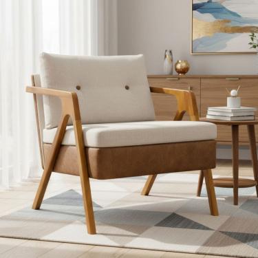 Imagem de Poltrona Decorativa Para Sala Recepção Consultório Escritório Cadeira Laura Corino Peroba com Linho