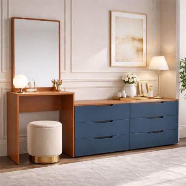 Imagem de Cômoda Madrid 6 Gavetas com Espelho Azul/Freijó - Politorno, Azul