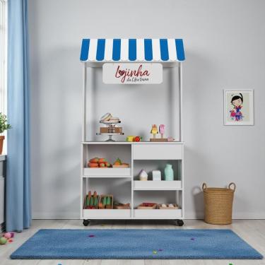 Imagem de Lojinha Mercadinho Infantil Lojinha Toldo com Rodízios Gaveta Nichos Plaquinha Branco Azul Vermelho