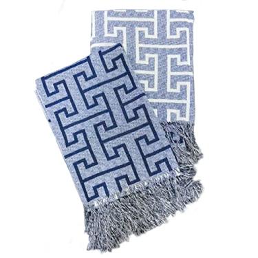 Imagem de Xale Manta Para Sofá E Poltrona Luxo 3 Lugares Estampada Creta Azul