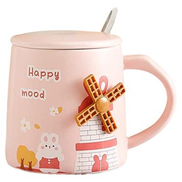 Imagem de seelucky Caneca de balão de ar quente com tampa colher criança caneca de leite de desenho animado caneca 3D xícara de café de cerâmica xícara de chá presente de aniversário escritório casa (moinho de vento rosa feliz humor, 380 ml)