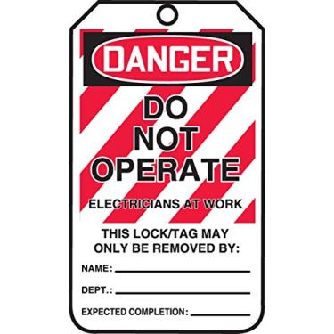 Imagem de Accuform MLT402CTP PF-Cardstock Lockout Tag, Legend "Danger DO NOT Operate Electricians at Work", 14,6 cm de comprimento x 8,25 cm de largura x 0,01 cm de espessura, vermelho/preto sobre branco (pacote com 25)