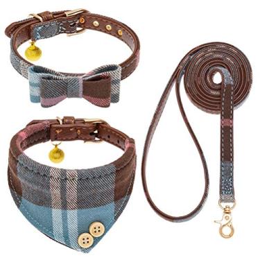 Imagem de EXPAWLORER Conjunto de coleira e coleira para cães - gravata borboleta xadrez clássica para cães e coleira bandana para cachorro com sino, coleira para cachorro livre de emaranhados, coleiras ajustáveis para gatos pequenos e médios grandes, presente ideal para festas