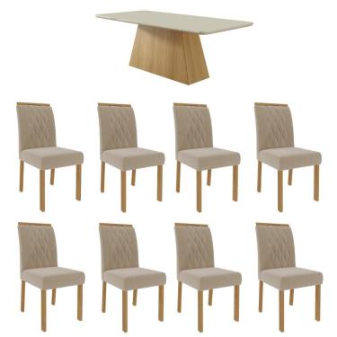 Imagem de Kit Conjunto Sala de Jantar Mesa Tampo MDF Vidro 210 cm com 8 Cadeiras Marrom Madeira Off White