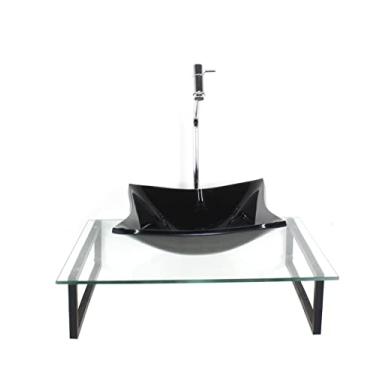 Imagem de KIT CUBA DE VIDRO QUADRADA 10MM PRETA TAMPO 50CM INCOLOR COM SUPORTE TORNEIRA VALVULA