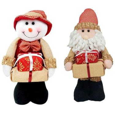 Imagem de Kit 2 Bonecos Natal Boneco De Neve E Papai Noel Com Presente Natalino