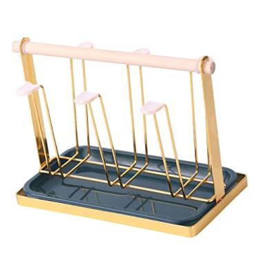 Imagem de Fenteer Suporte de copo de caneca de luxo 6 suportes de copo com bandeja organizador de cozinha prateleira de armazenamento de xícara de chá suporte de copo de vidro para garrafas canecas de xícara de café, Aureate