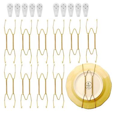Imagem de Pacote com 10 cabides de placa de aço inoxidável para paredes, placas decorativas compatíveis, ganchos de suporte de moldura de prato com 10 ganchos de parede da SOSPIRO, 8 Inch, Gold